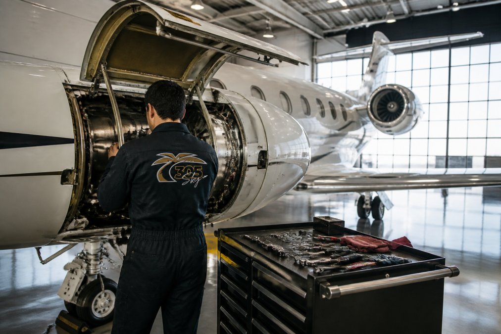Aircraft mechanic in work coveralls inspecting the open engine cowling of a private jet inside a bright hangar, tool cart nearby