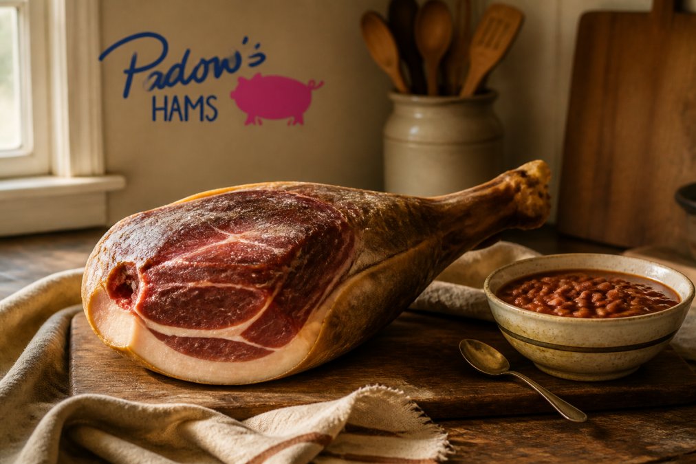 Whole salt-cured country ham on a wooden board, perfect for southern ham gifts, served with a side of red-eye gravy.