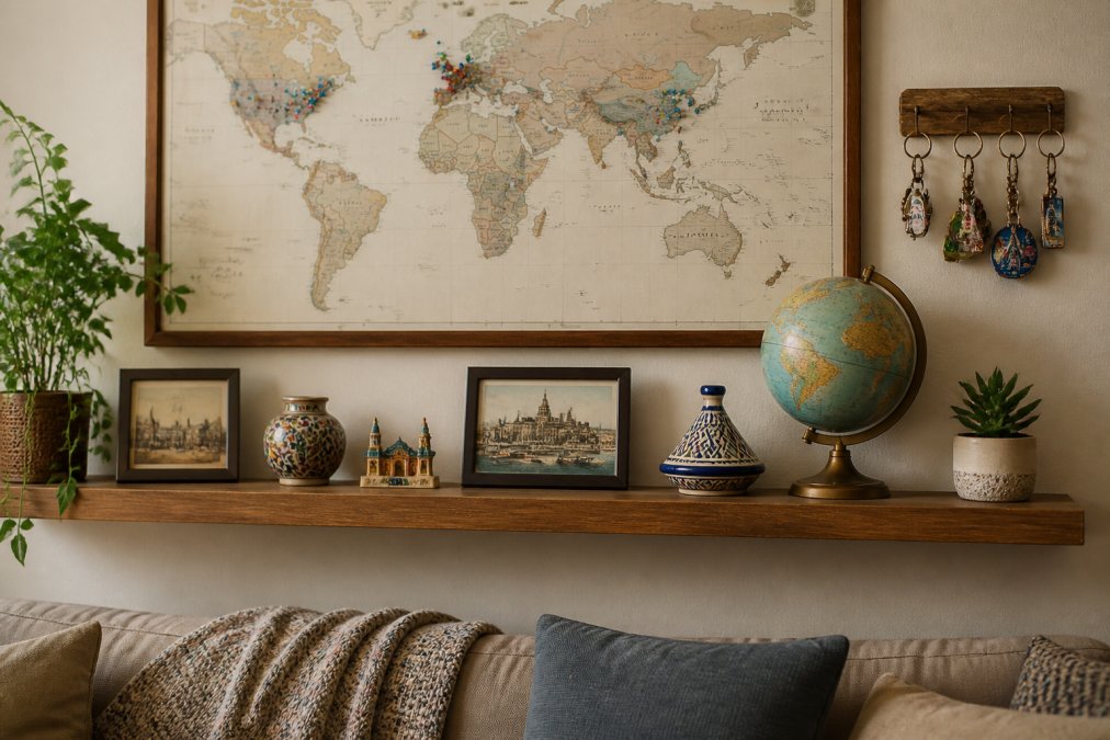 A well-lit living room shelf styled with travel mementos: a push-pin world map mounted on the wall above, framed vintage postcards, small hand-painted pottery pieces, a decorative globe, and a row of keychains hanging from a small wooden hook rack, all arranged on a natural wood floating shelf with warm ambient lighting