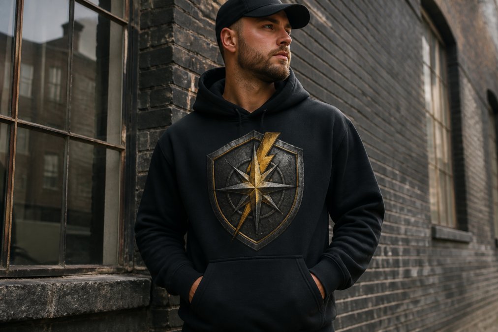 Person wearing Shield Strength Hoodie with compass and lightning bolt graphic standing confidently in urban setting with natural daylight highlighting the design details