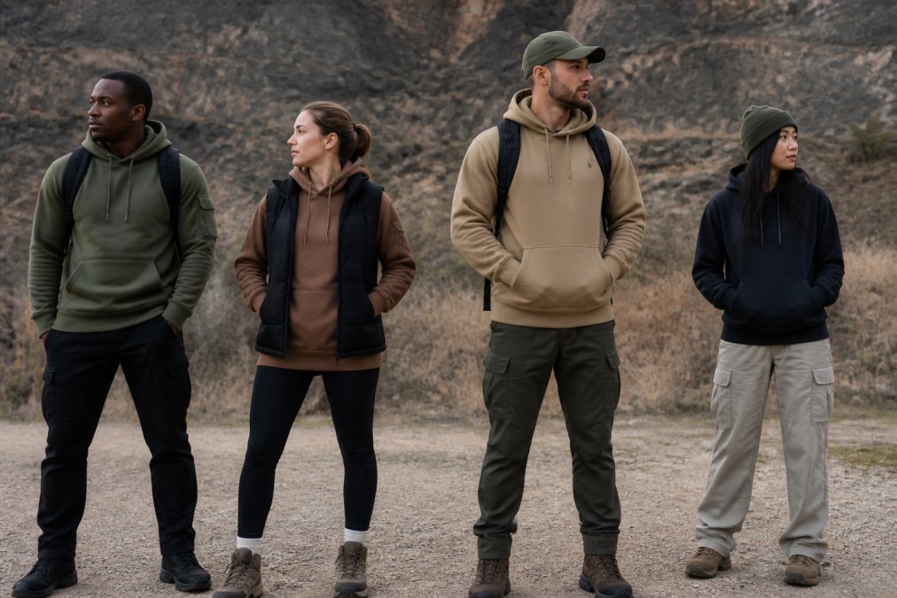 Multiple outfit combinations showing tactical hoodies layered with different casual and functional pieces, displayed on diverse body types in real-world settings