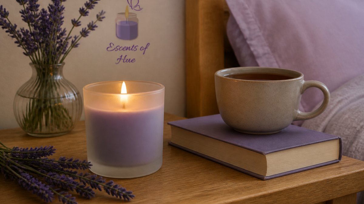 A lit lavender soy candle in a frosted glass jar on a wooden nightstand beside a book and a cup of tea, soft evening light