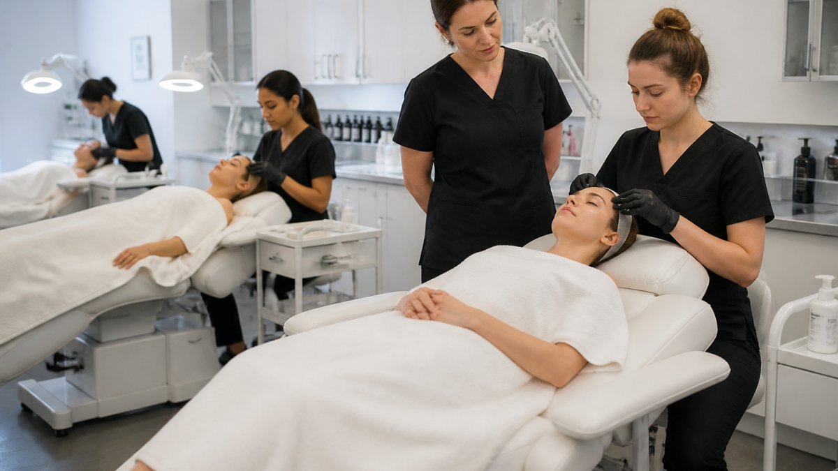 Beauty school classroom with students practicing on a professional hydraulic facial bed while instructor observes proper client positioning and technique