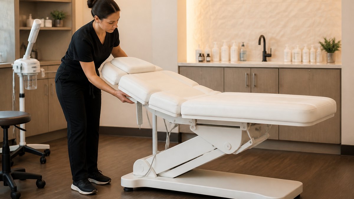 Professional esthetician adjusting an electric treatment table in a modern spa treatment room with soft ambient lighting