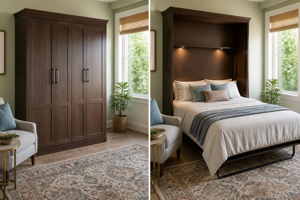 A Murphy bed cabinet in a small bedroom shown both closed as a stylish wooden cabinet and open with a neatly made queen bed, demonstrating the space transformation, natural afternoon light streaming through the window