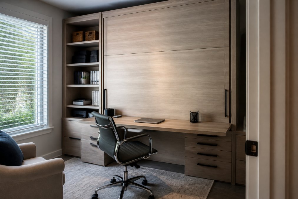 A compact home office space with a wall bed folded up against the wall, a functional desk positioned below it, organized shelving with office supplies visible, and a comfortable chair, showing how the room maintains its office purpose during the day