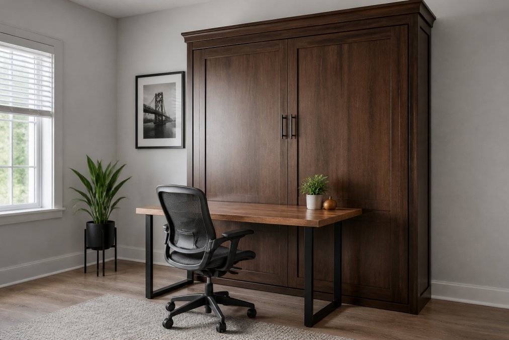 Modern bedroom showing a Clover Murphy Cabinet Bed in closed position as a handsome wooden cabinet against a light gray wall, with a small desk and ergonomic chair positioned in front demonstrating the reclaimed floor space for a home office setup