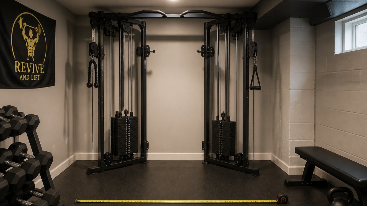 Diagram showing floor clearance measurements for a compact dual-stack functional trainer in a low-ceiling gym.