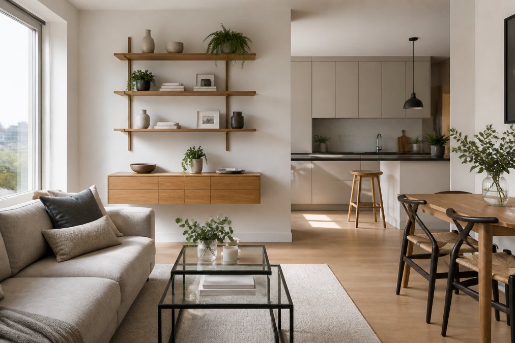Minimalist small apartment with neutral-coloured walls in soft white and grey, wall-mounted wooden shelving, nesting glass tables creating an open floor plan, natural sunlight streaming through large windows
