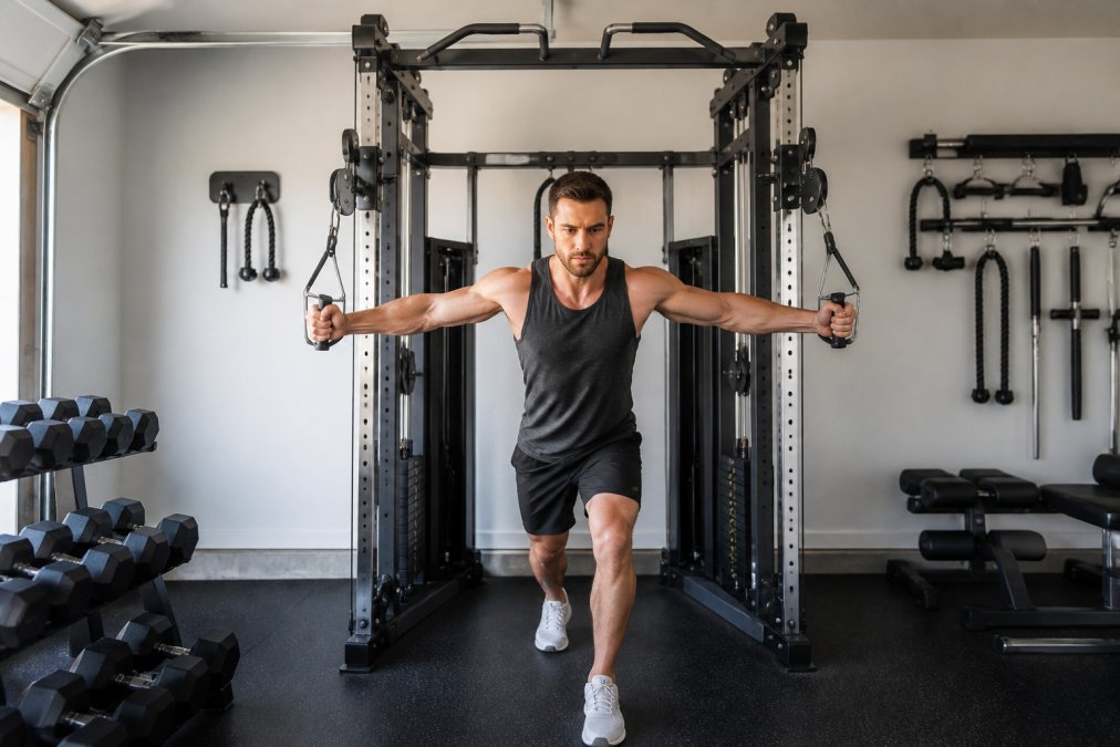 A lifter performing a cable fly on an all-in-one functional trainer with Smith machine in a clean garage gym, with weight stacks, pull-up bar, and organized attachments visible