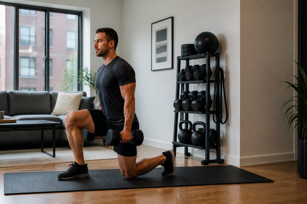 A person performing a dumbbell exercise on a rubber mat in a tidy, small living room with the equipment stored neatly on a vertical rack against the wall
