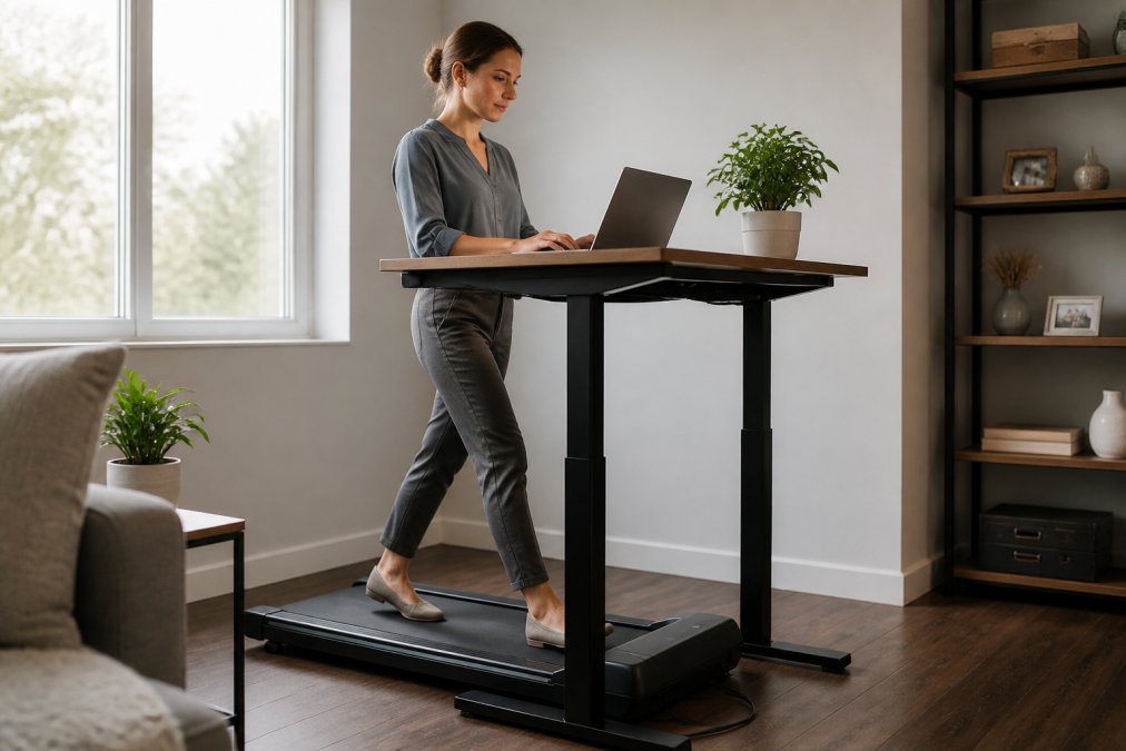 Professional woman working at ergonomic desk setup while walking on compact under-desk treadmill, typing with focused expression, natural office lighting streaming through window