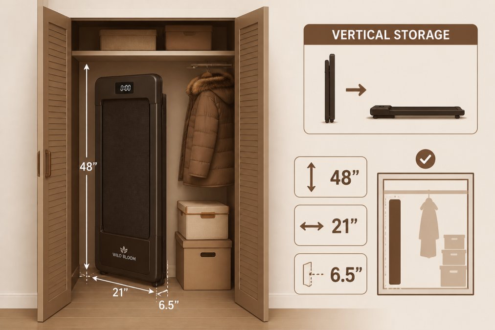Folded compact treadmill stored vertically in apartment closet next to winter coat and storage boxes, showing space-efficient positioning and easy access
