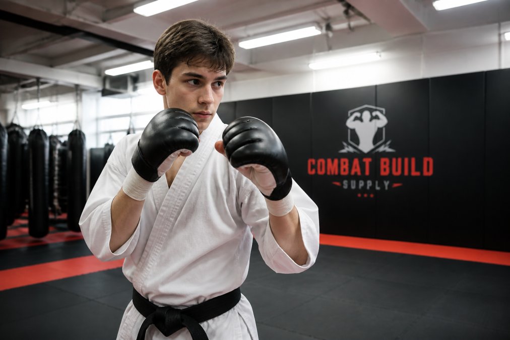 Martial artist wearing competition sparring gloves with proper wrist support and hand wrapping, demonstrating ready stance in training facility with bright overhead lighting