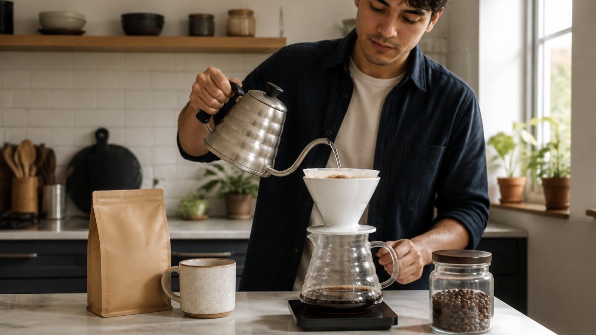 A person in a bright home kitchen pouring hot water from a gooseneck kettle over a pour-over dripper filled with coffee grounds, with a bag of coffee beans and a mug on the counter beside them