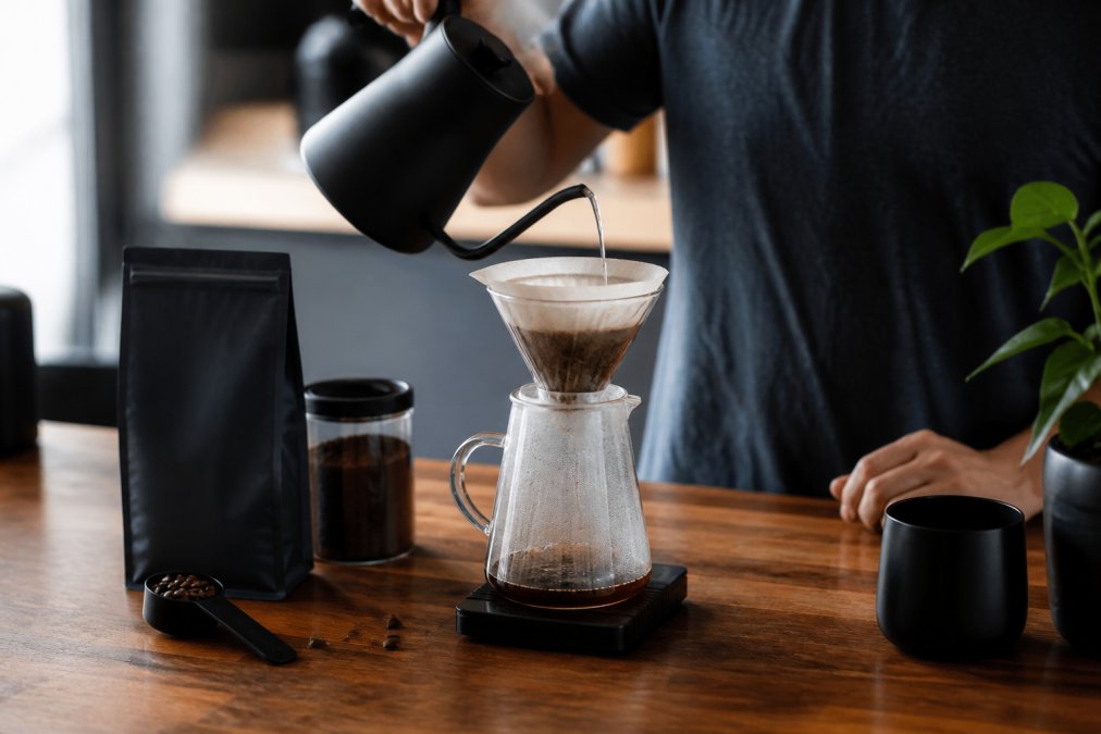 Home barista pouring hot water over coffee grounds in a pour-over dripper, with specialty coffee bag and timer visible on wooden counter