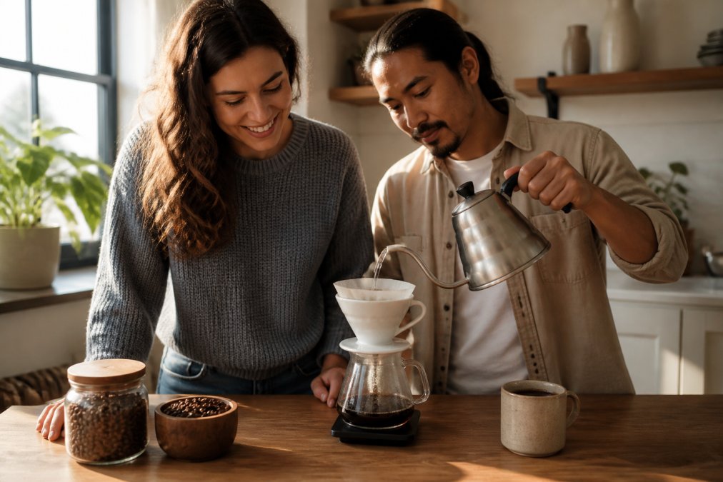Hands pouring hot water from a gooseneck kettle over coffee grounds in a ceramic pour-over dripper, with whole beans and a ceramic mug visible on a wooden surface, morning sunlight streaming across the counter