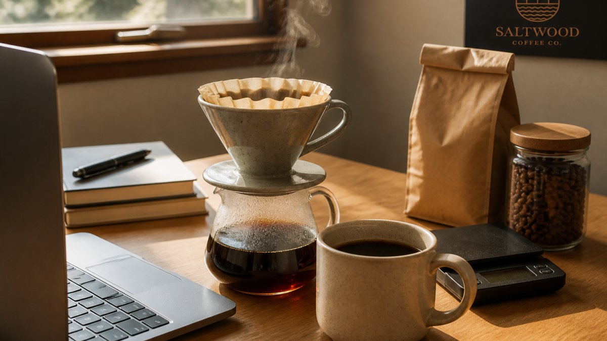 A close-up of a ceramic pour-over dripper on a wooden desk beside a laptop, steam rising from a freshly brewed cup of coffee, with a bag of whole bean coffee and a small digital scale nearby in a bright home office
