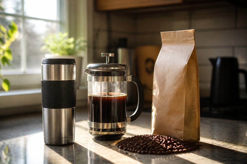 A close-up of a stainless steel travel mug and a French press on a kitchen counter next to a bag of whole bean coffee, with soft morning light coming through a window