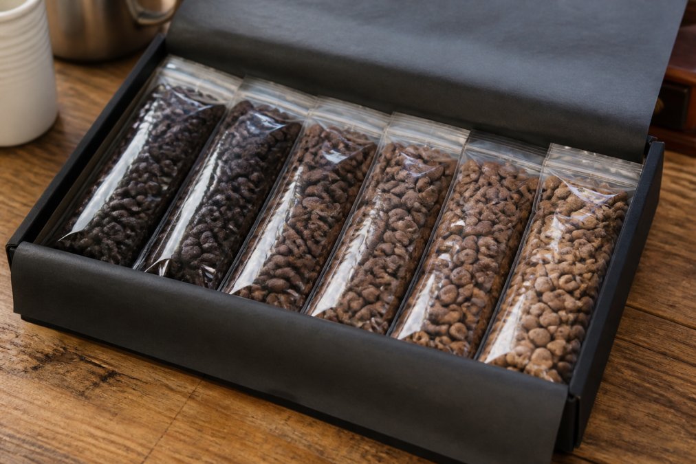 Close-up of six 2-ounce specialty coffee bags arranged in a gift box, each with distinct roast-level coloring visible through clear packaging, showing the progression from dark to medium roasts