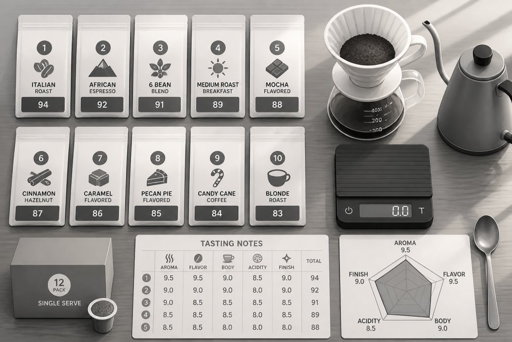 Flat lay of multiple small coffee sample bags arranged on a wooden table alongside a ceramic pour-over dripper, a coffee scale, and a handwritten tasting notes card, photographed in warm natural morning light