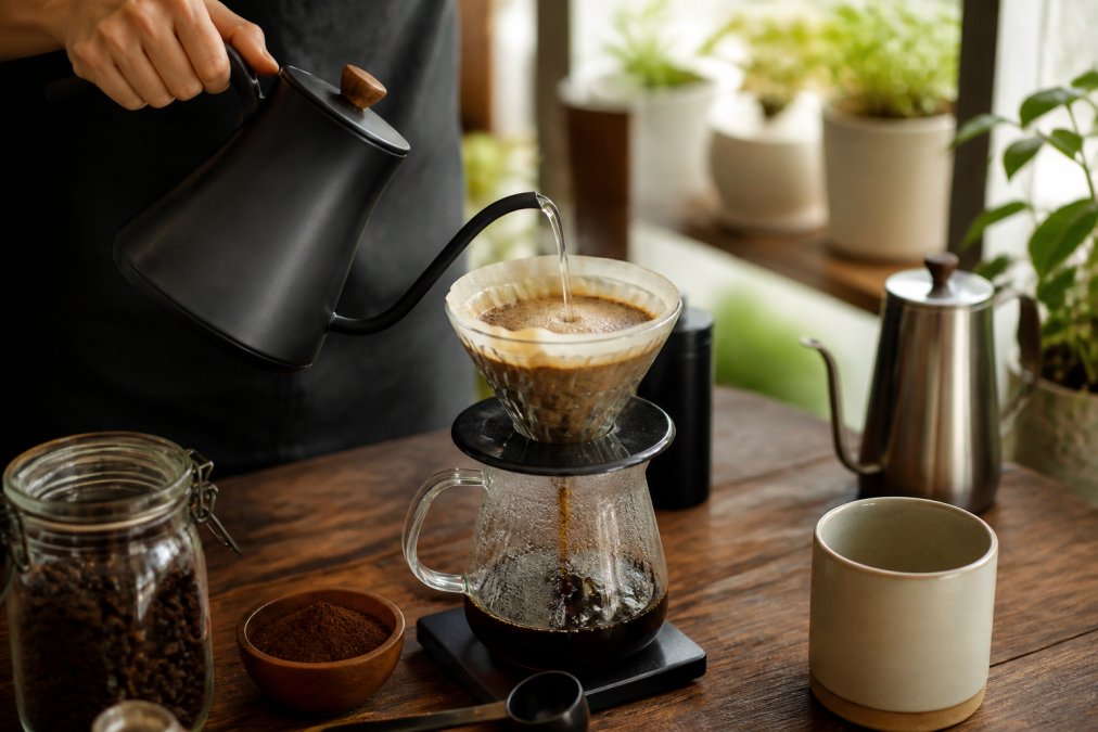 Close-up of hands carefully pouring hot water in a slow circular motion over a pour-over coffee dripper placed on a glass carafe, with freshly ground coffee blooming in warm natural morning light on a wooden kitchen counter