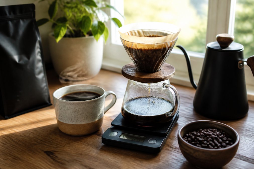 Steaming pour-over coffee on a wooden counter, perfect for a specialty coffee subscription home ritual.