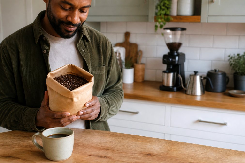 A person holding a brown paper bag of freshly roasted coffee beans beside a cup of black coffee in a bright kitchen, with a burr grinder and kettle on the counter behind them