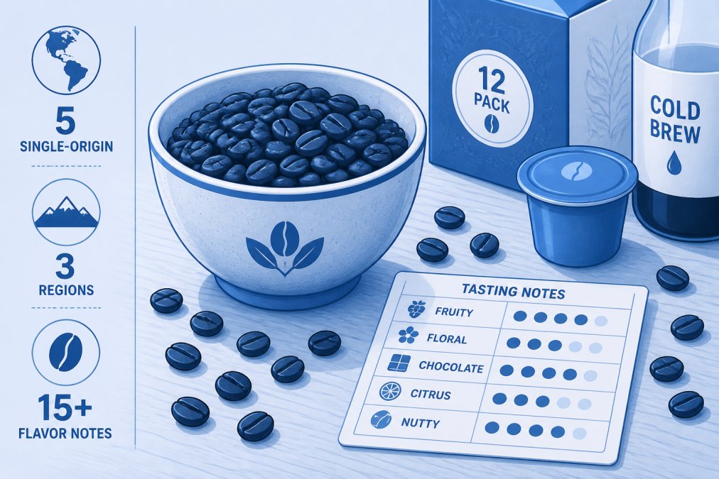 Close-up of specialty coffee beans in a ceramic cupping bowl with roasted beans scattered on wooden table beside handwritten tasting notes card and brewing equipment
