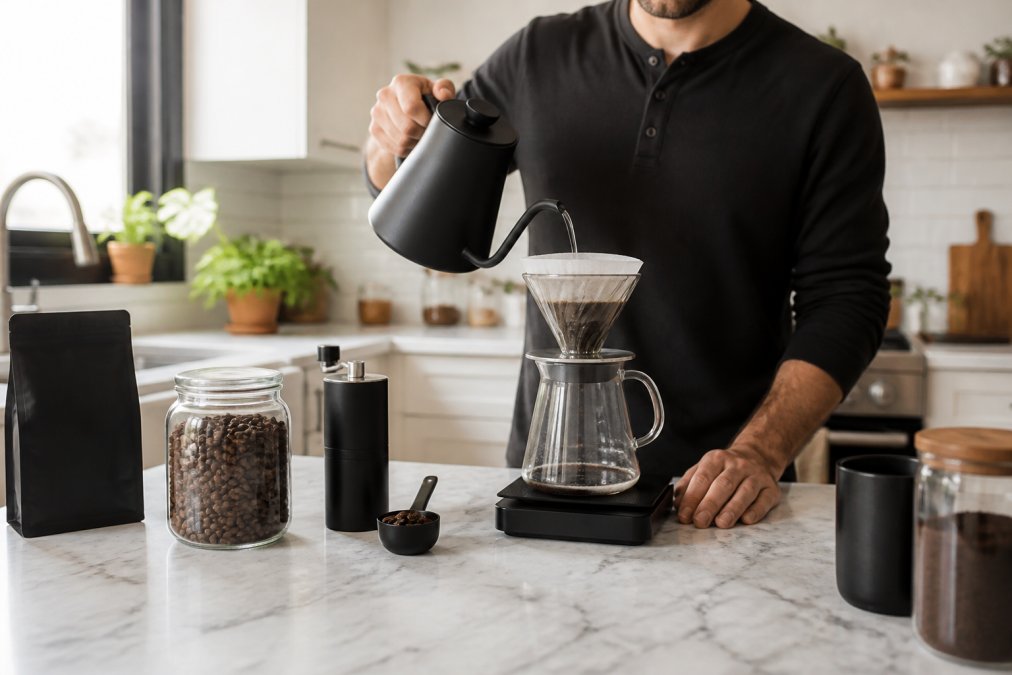 Home barista in bright kitchen preparing specialty coffee using pour-over cone with fresh whole beans visible in glass container and brewing equipment arranged on marble countertop