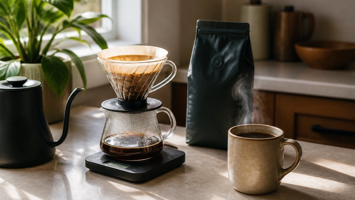 A cozy kitchen counter with a pour-over setup, a bag of whole bean coffee, a digital scale, and a steaming mug, shot in soft morning light