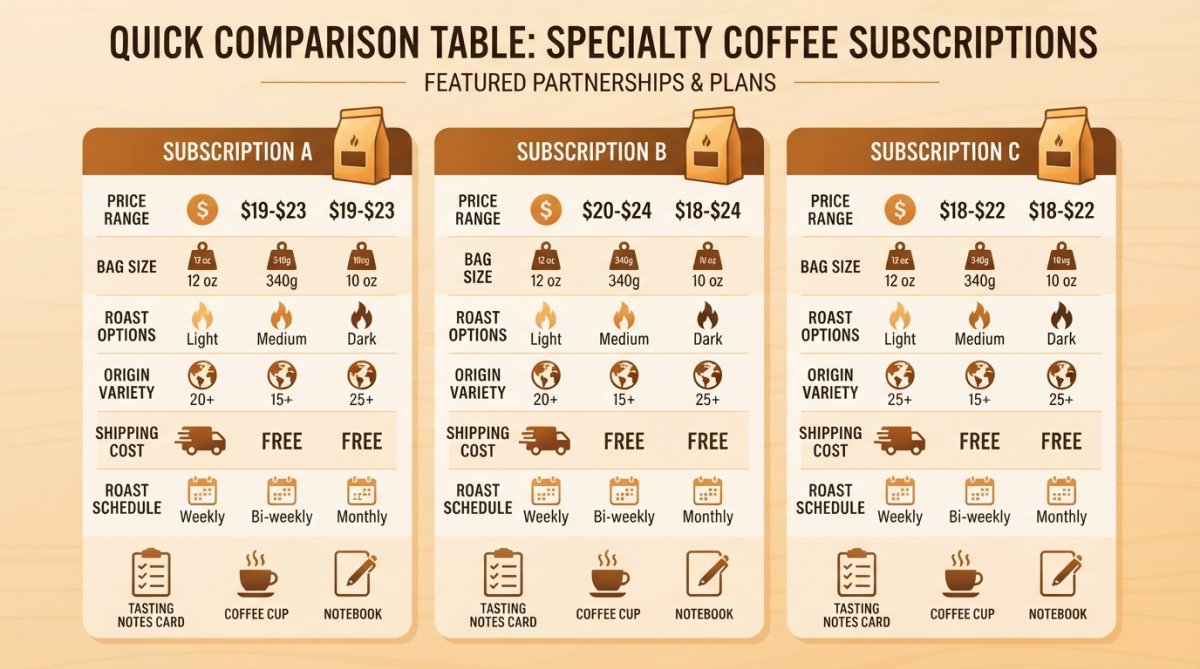 Overhead flat-lay of three specialty coffee bags with tasting notes cards, a full coffee cup, and a leather notebook on a wooden table with morning sunlight