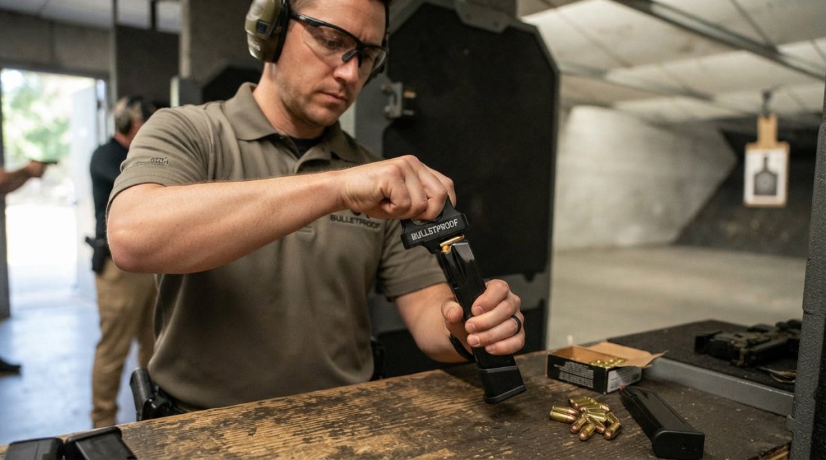 Competitive shooter loading high-capacity pistol magazine with speed loader at indoor range, hands clearly visible demonstrating technique with natural lighting