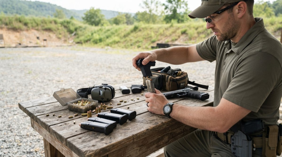 Tactical shooter at outdoor range with competition-grade double-stack magazines, speed loader, and tactical accessories arranged on shooting bench in daylight