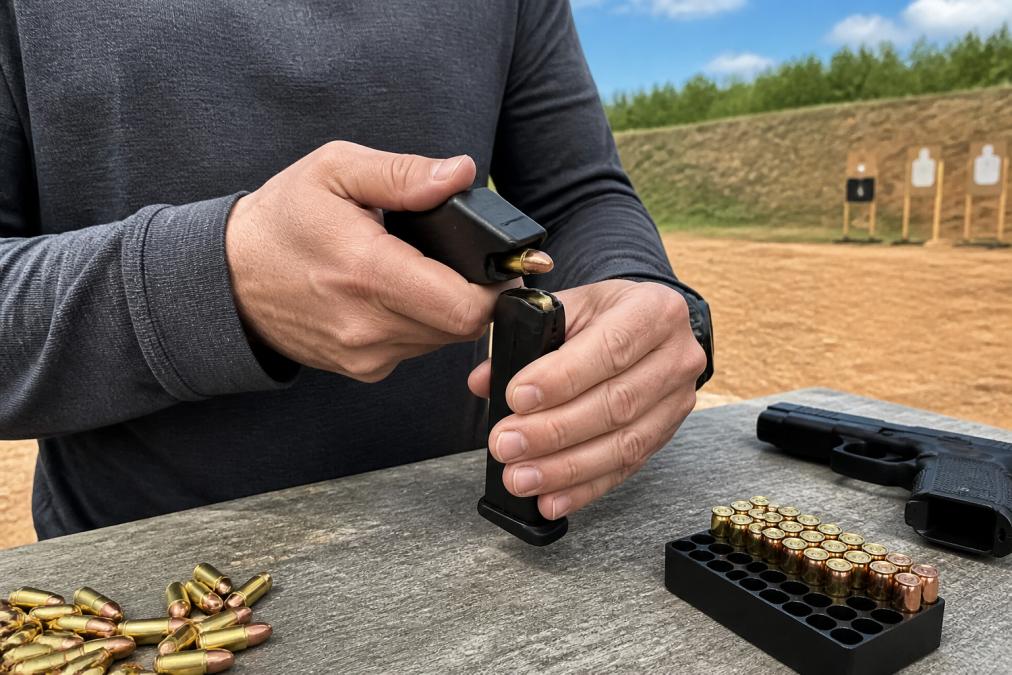 Shooter's hands demonstrating proper EZ-MAG speed loader grip and loading technique with 9mm round visible in loader, magazine seated in well, outdoor range environment with ammunition visible