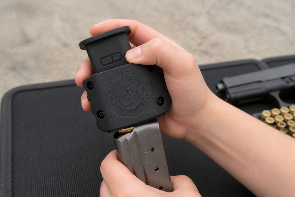 Close-up of hands with smaller grip loading a magazine using a speed loader, showing proper hand positioning with fingers positioned on the lever mechanism and thumb supporting underneath, demonstrating ergonomic alignment on a range bench