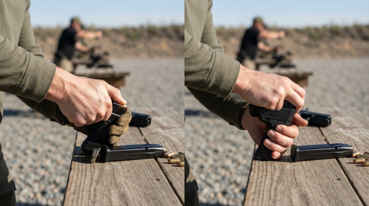 Shooter's hand demonstrating thumb loading technique with visible finger strain beside another angle showing the same shooter using a pistol speed loader with relaxed hand position at an outdoor range