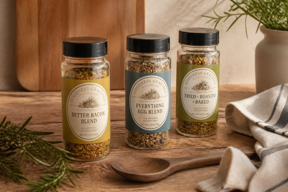 Flat-lay of three labeled Goodness Gracious Seasoning Blend jars arranged on a rustic wooden kitchen counter, with fresh rosemary sprigs, a small wooden spoon, and a linen cloth in warm afternoon light