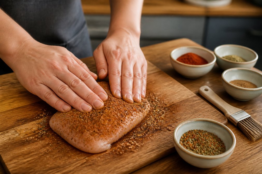Home cook's hands pressing a savory dry spice blend firmly onto a raw chicken breast on a wooden cutting board, with small ceramic bowls of additional spices and a marinade brush arranged in the background under warm kitchen lighting