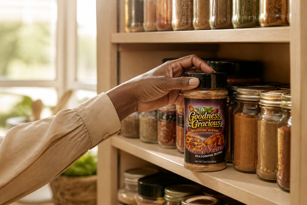 Home cook's spice cabinet with organized glass jars of premium seasoning blends, natural golden sunlight streaming through kitchen window, hands reaching to select a Goodness Gracious blend from the shelf