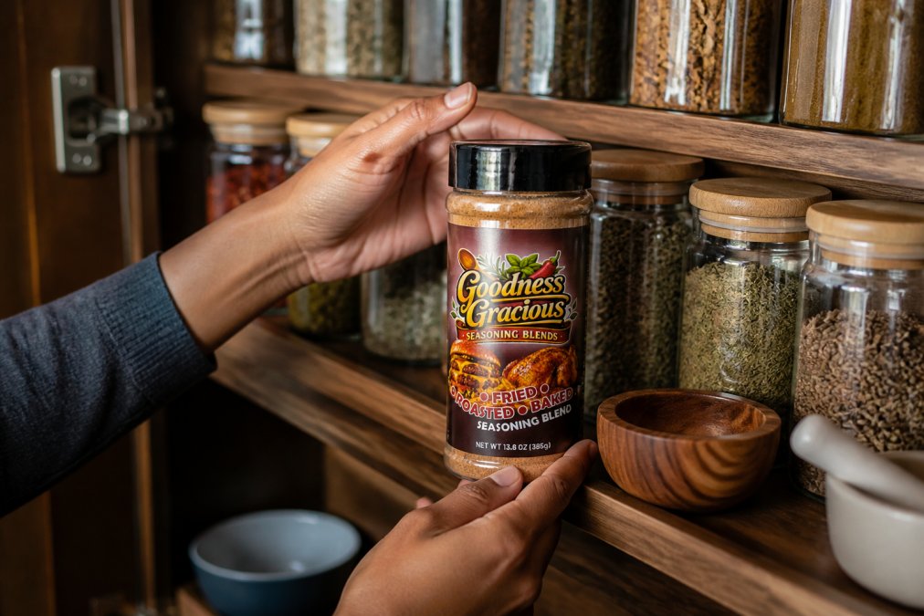 Organized spice storage system in cool dark pantry with labeled glass containers and airtight lids, hands carefully placing a sealed spice jar on wooden shelf, soft ambient lighting