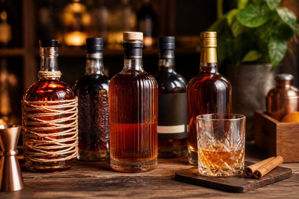 Bottles of the best spiced rum on a wooden bar with a crystal tumbler and cinnamon stick lit by warm ambient light.