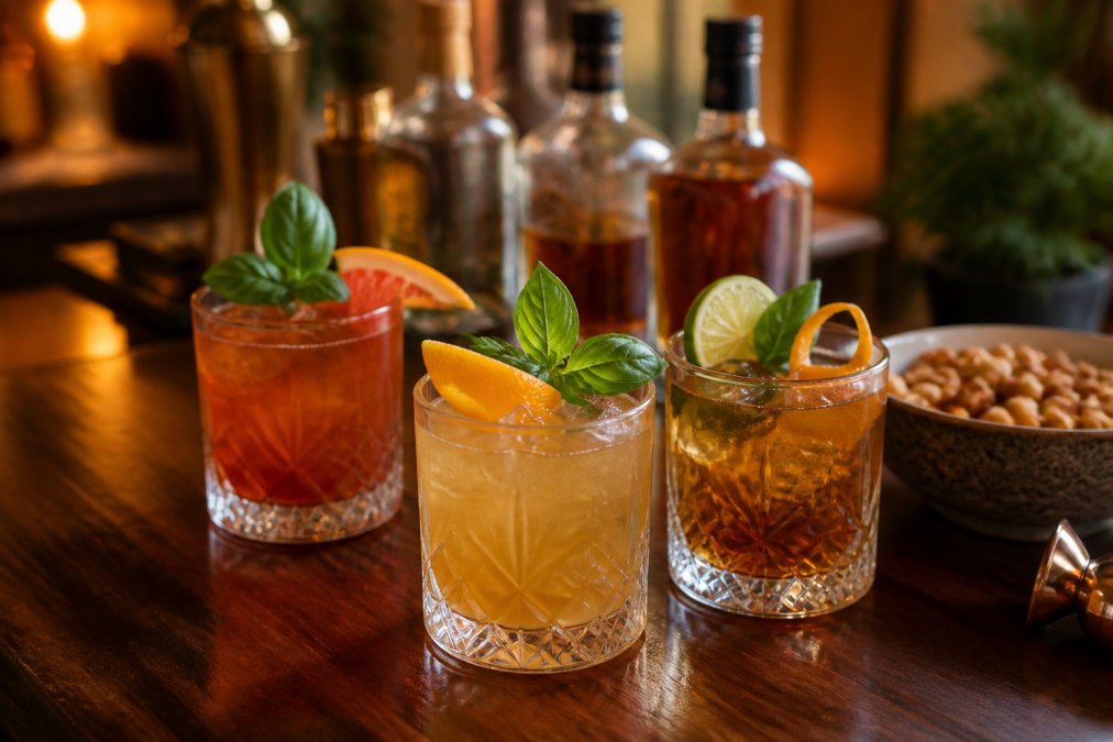 A vibrant home bar counter with three distinct spiced rum cocktails in cut glass tumblers, garnished with citrus peel and fresh basil, with bottles of rum and a bowl of party snacks blurred in the warm background