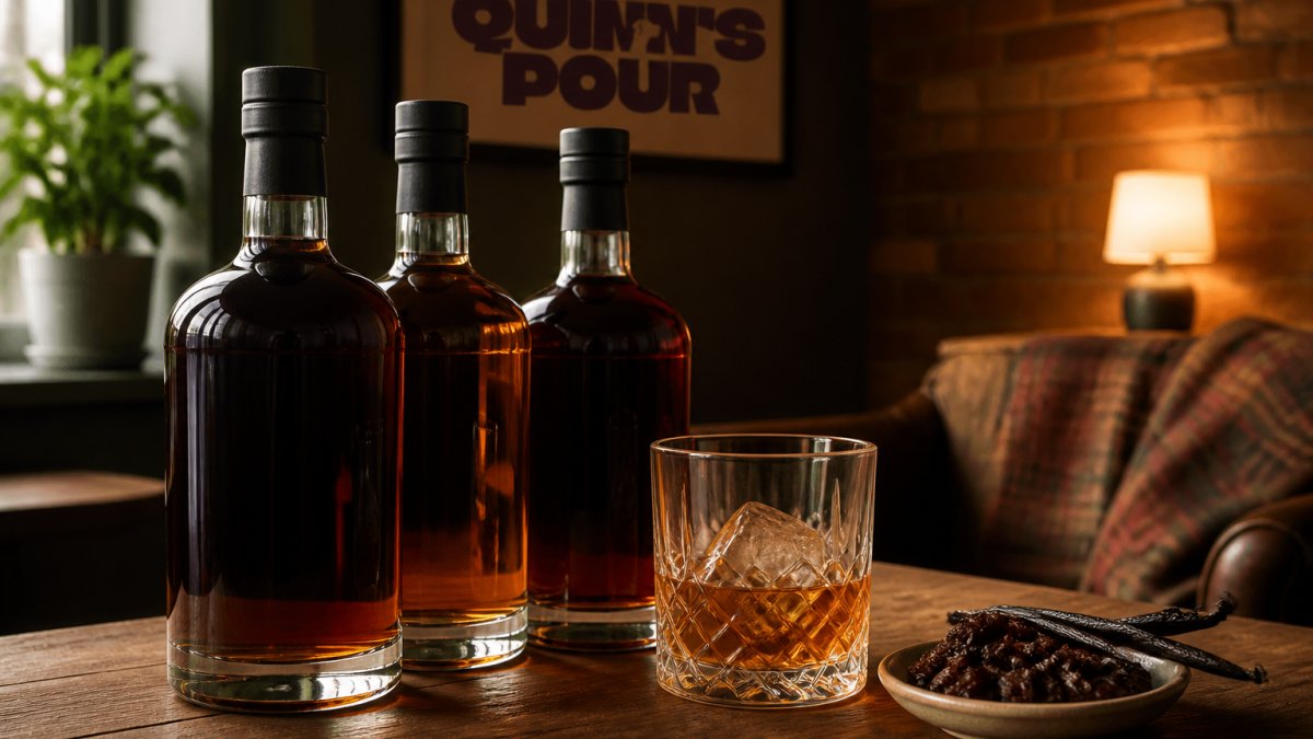 A close-up of three dark glass rum bottles arranged on a wooden table beside a crystal tumbler filled with amber spirit, a single ice cube, and a small dish of vanilla pods and raisins, warmly lit in a cosy home setting