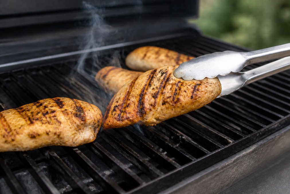 Chicken breast being placed on hot grill with visible grill marks, showing proper spacing and positioning for even heat distribution, smoke rising from the meat surface