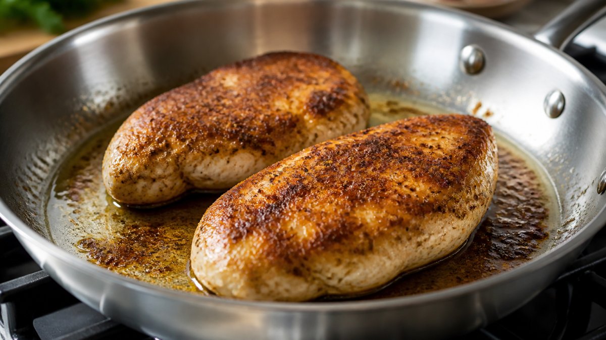 Step-by-step infographic showing the process for cooking golden-brown pan-seared chicken breasts in a skillet