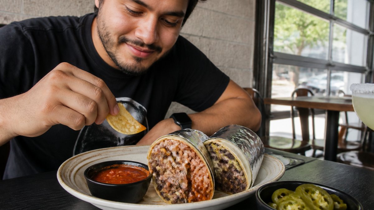 A close-up of a large foil-wrapped burrito cut open on a plate, showing rice, slow-smoked meat, and a bright red extra-hot salsa on the side, with a small bowl of sliced jalapenos nearby on a casual restaurant table