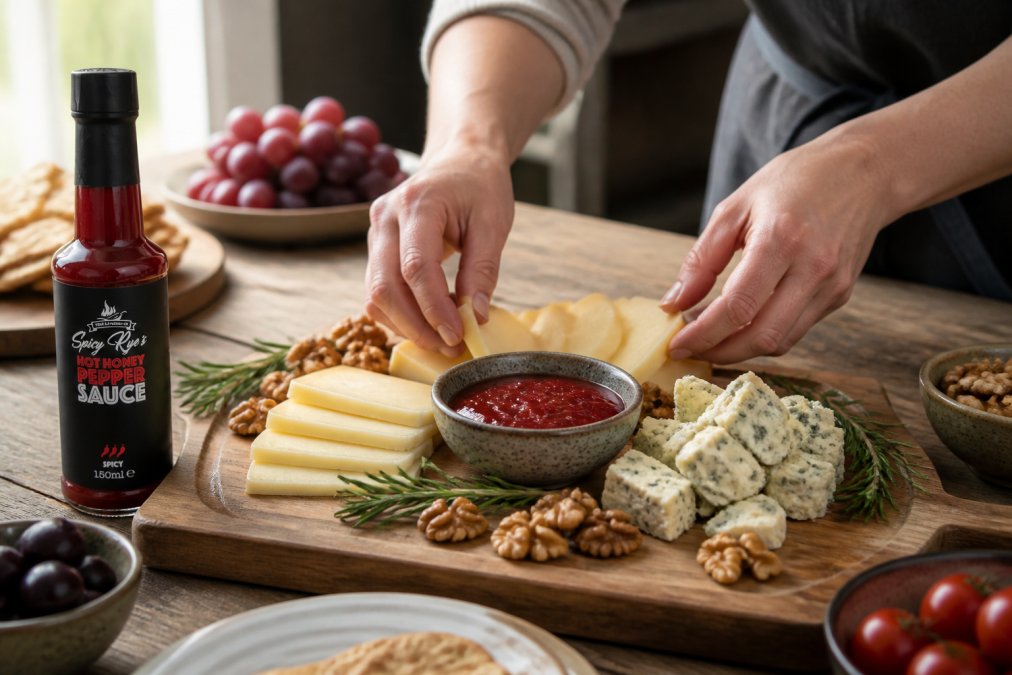 Hands of a woman carefully arranging slices of pale cheddar and crumbly blue cheese on a wooden board, a small ceramic bowl of vibrant red spicy jam positioned in the centre, fresh rosemary sprigs and walnuts scattered around, warm natural window light illuminating the arrangement