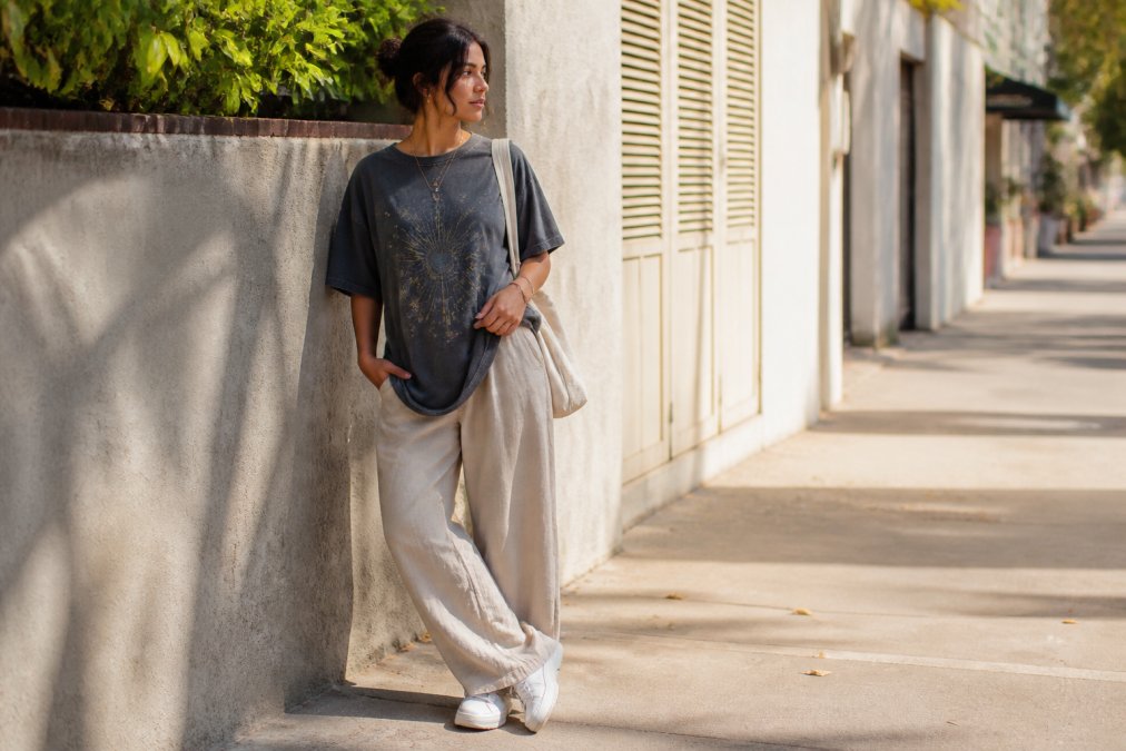 A young woman wearing an oversized vintage-washed celestial graphic tee with an angel number print, standing casually on a sunlit urban sidewalk, soft natural light, relaxed layered styling with white sneakers