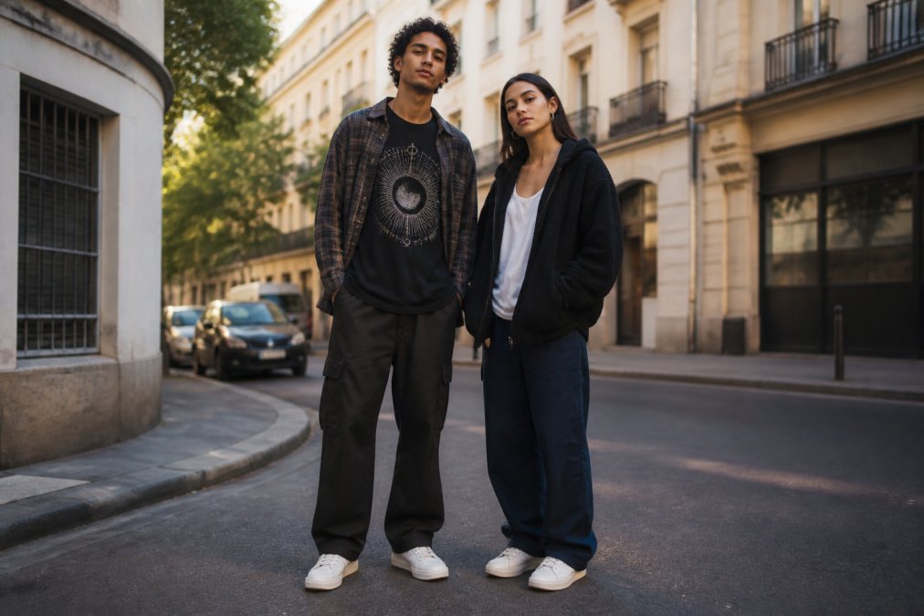 A man and woman standing together on a city street, both wearing minimalist spiritual streetwear, the man in an oversized celestial graphic tee layered under an open flannel, the woman in a boxy fleece hoodie and loose tank, both in clean white sneakers, relaxed and confident, afternoon natural light